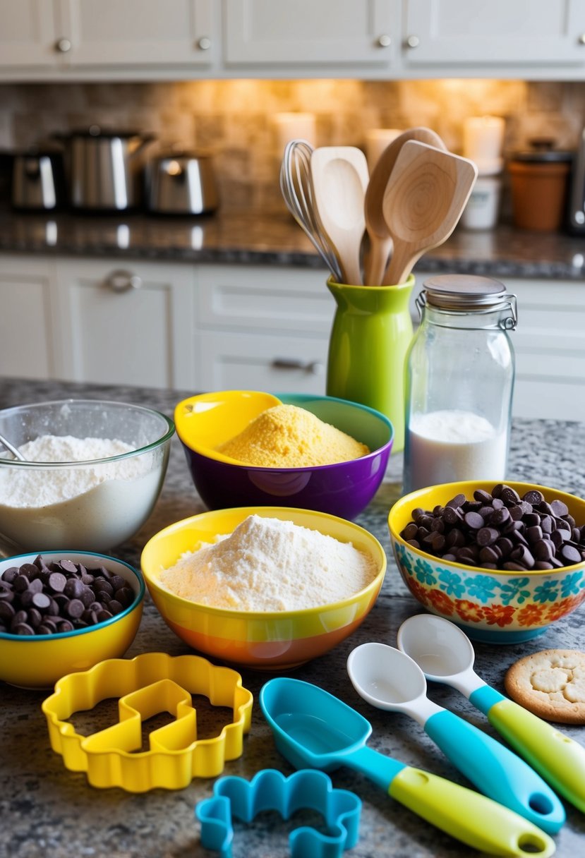 A colorful kitchen counter with ingredients and utensils for making cookies, including a mixing bowl, flour, sugar, chocolate chips, and cookie cutters