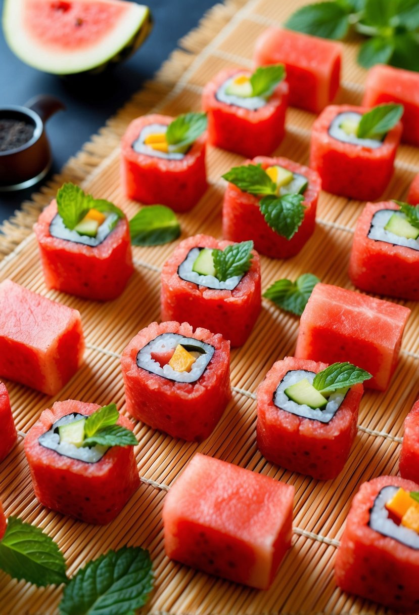 A colorful array of watermelon sushi rolls arranged on a bamboo mat with slices of fresh watermelon and mint leaves as garnish