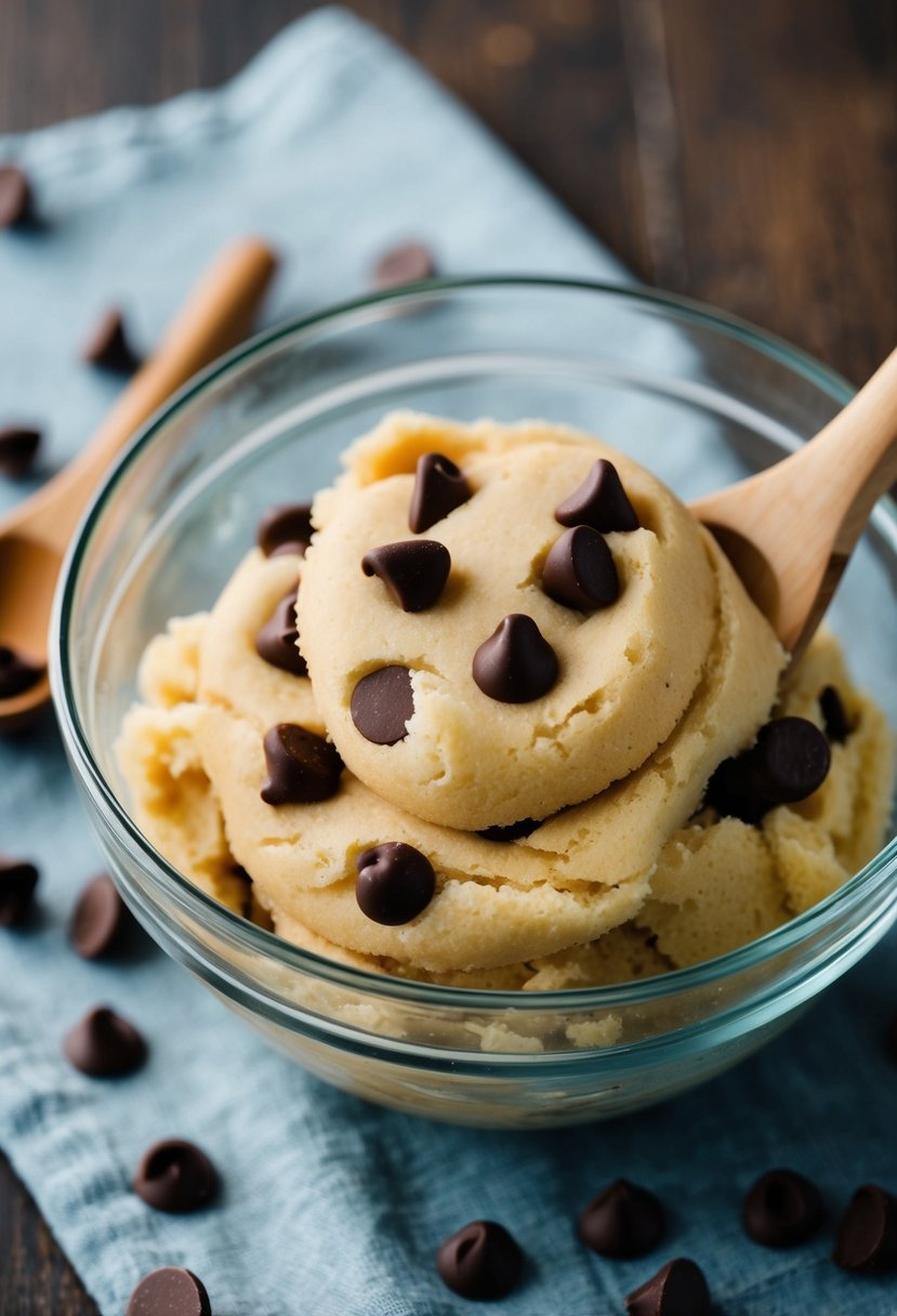 A mixing bowl filled with cookie dough, surrounded by chocolate chips and a wooden spoon