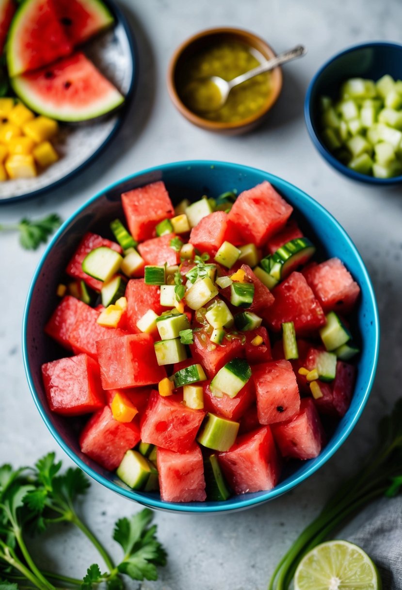 A colorful bowl filled with diced watermelon, mixed with fresh vegetables and topped with a tangy dressing