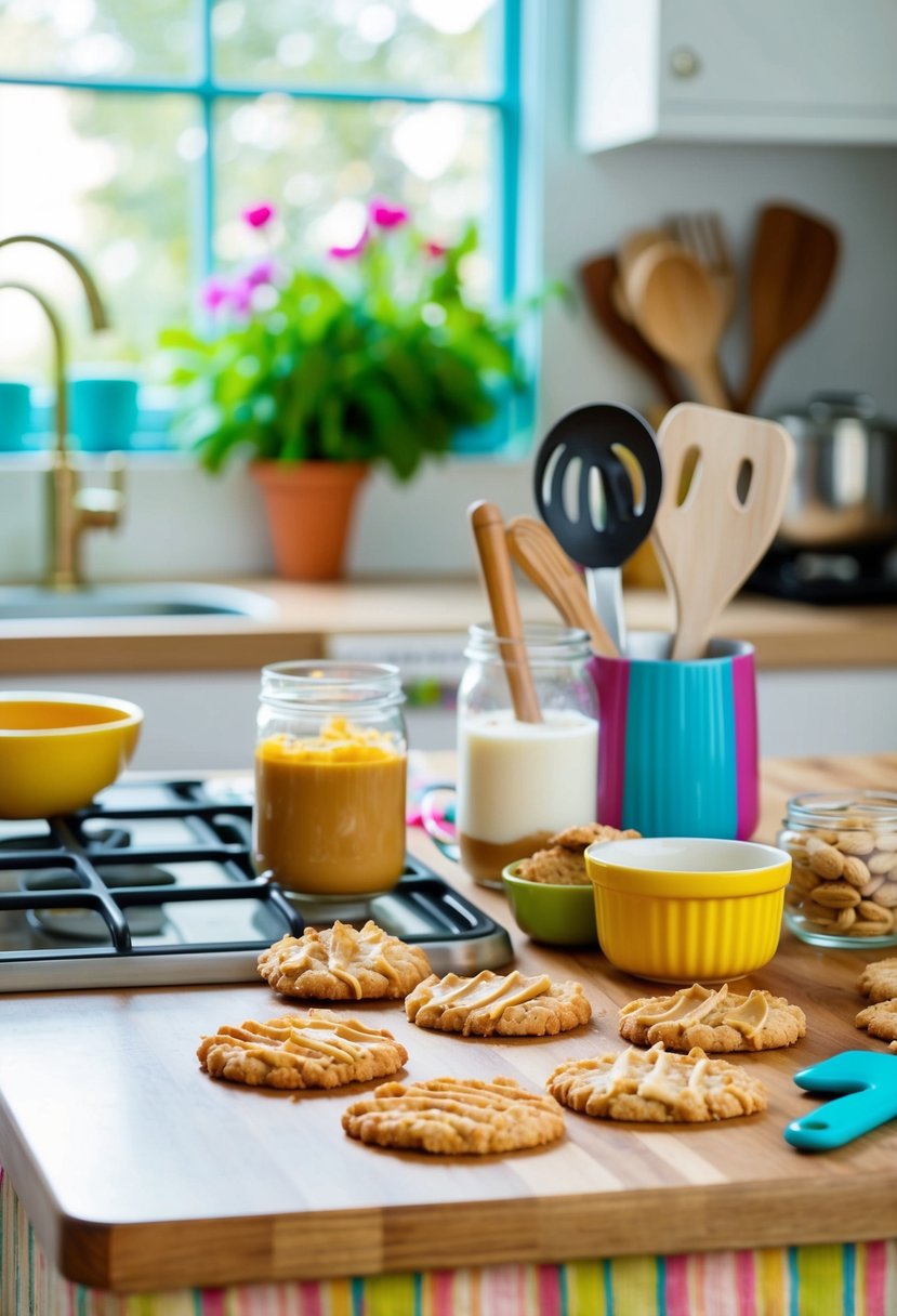 A colorful kitchen counter with ingredients and utensils for making no-bake peanut butter cookies