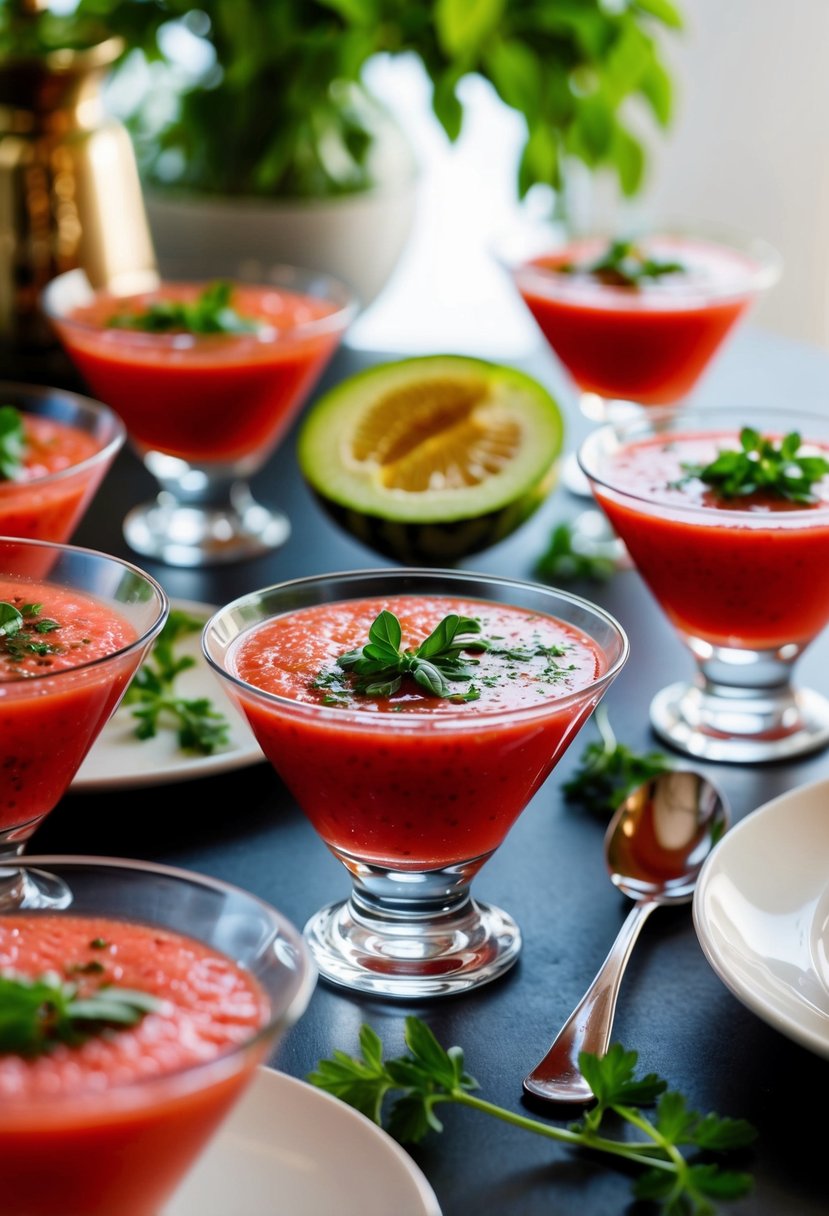 A table set with small glasses of vibrant red watermelon gazpacho, garnished with fresh herbs and a drizzle of olive oil