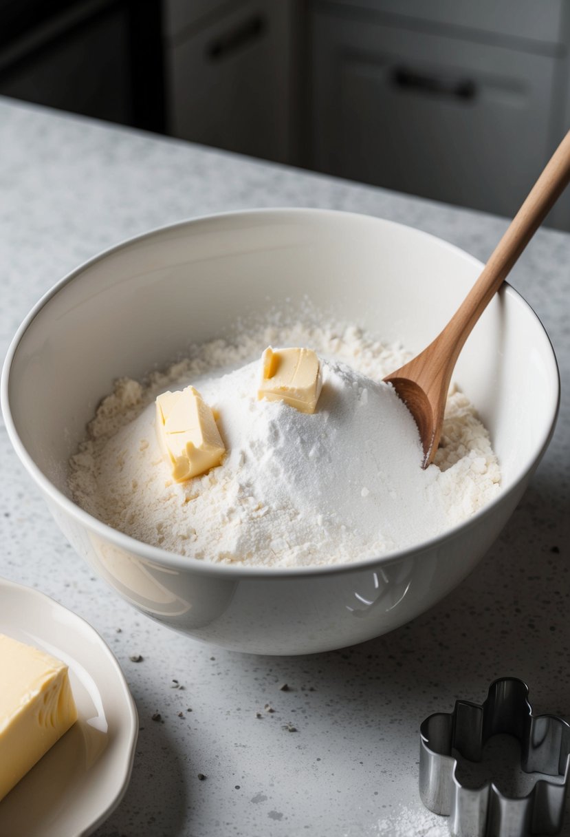 A mixing bowl with flour, sugar, and butter. A wooden spoon and cookie cutters on a countertop