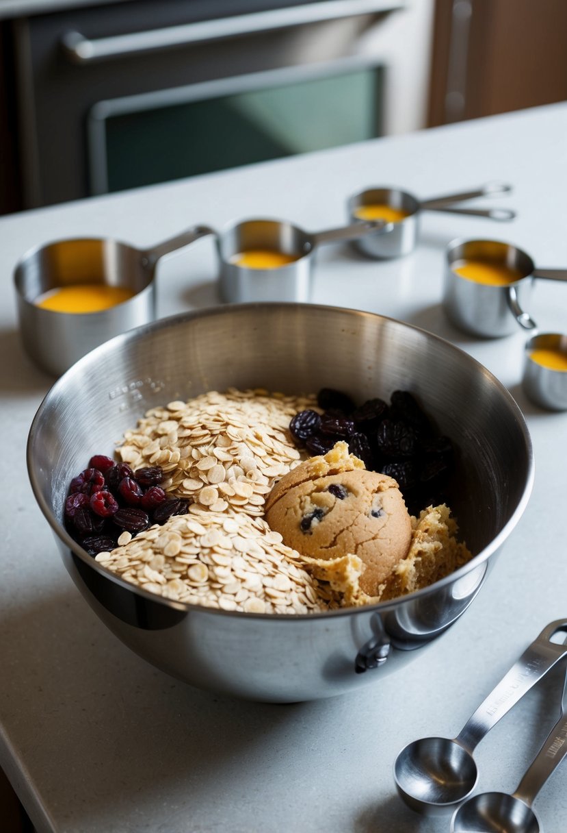 A mixing bowl filled with oats, raisins, and cookie dough, surrounded by measuring cups and spoons on a kitchen counter