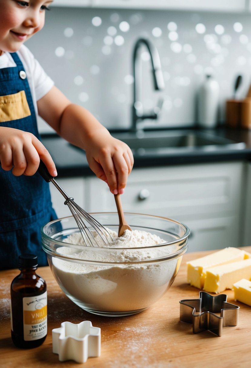 A child’s hand mixing flour, sugar, and butter in a bowl. Vanilla extract and a cookie cutter on the kitchen counter