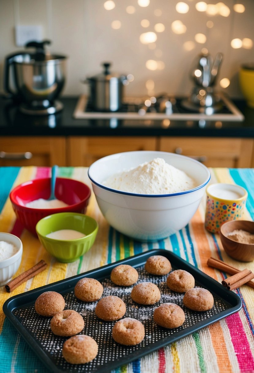 A colorful kitchen counter with a mixing bowl, flour, sugar, cinnamon, and a tray of freshly baked snickerdoodle bites