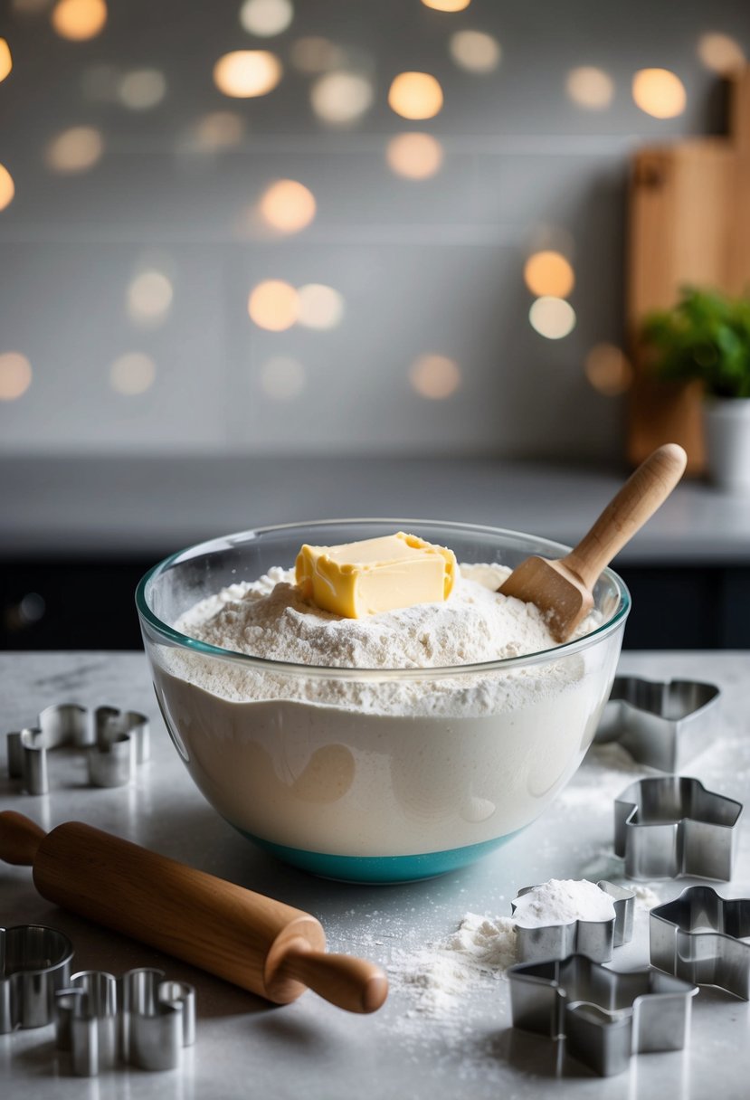 A mixing bowl filled with flour, sugar, and butter, surrounded by cookie cutters and a rolling pin on a kitchen counter