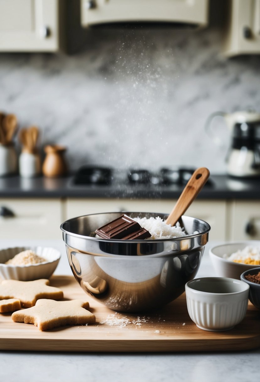 A mixing bowl filled with chocolate and coconut, surrounded by ingredients and cookie shapes on a kitchen counter