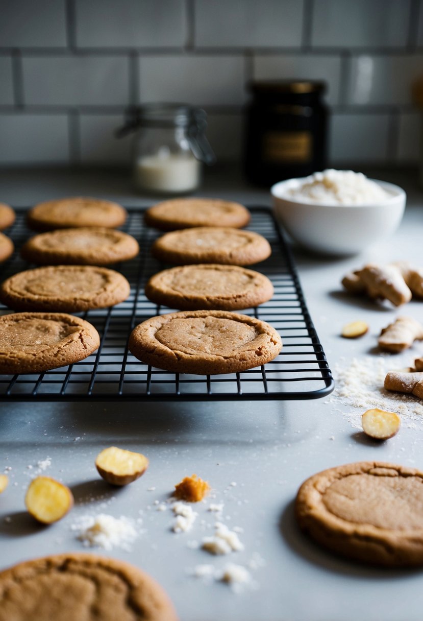 A kitchen counter with a tray of freshly baked ginger cookies cooling on a wire rack, surrounded by scattered ingredients like flour and ginger