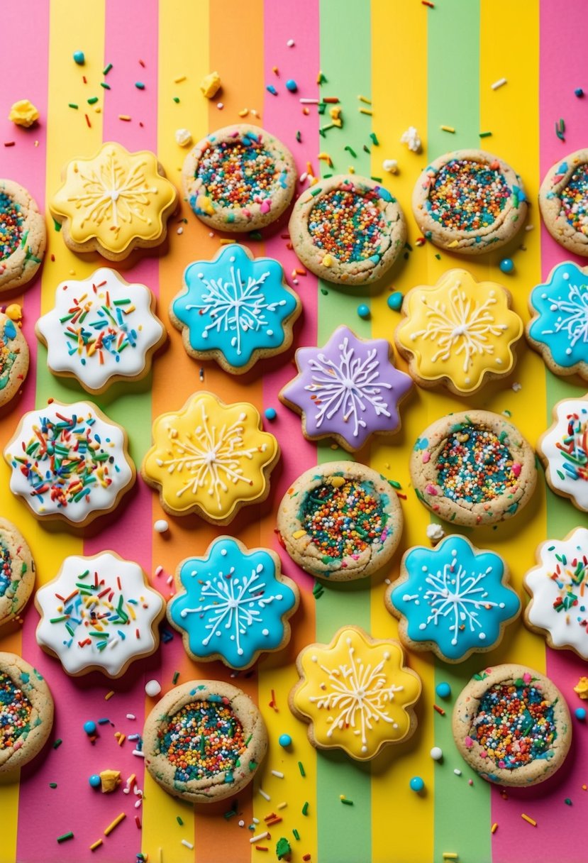 A colorful array of sprinkle sugar cookies arranged on a bright, playful background, with a scattering of sprinkles and cookie crumbs