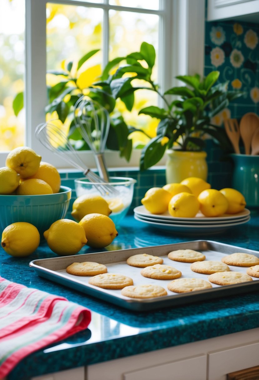 A colorful kitchen counter with fresh lemons, a mixing bowl, a whisk, and a tray of freshly baked lemon cookies