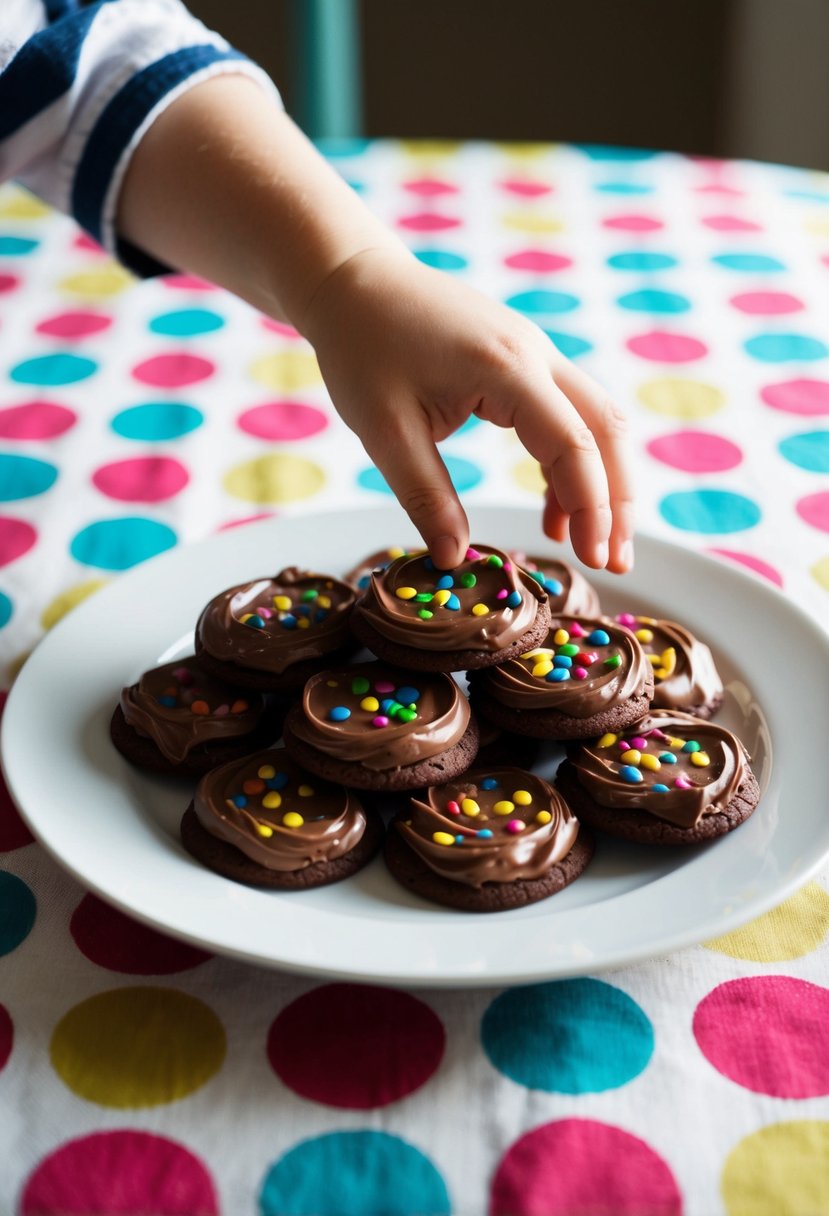 A child-sized hand reaching for a plate of No-Bake Nutella Cookies on a colorful, polka-dotted tablecloth