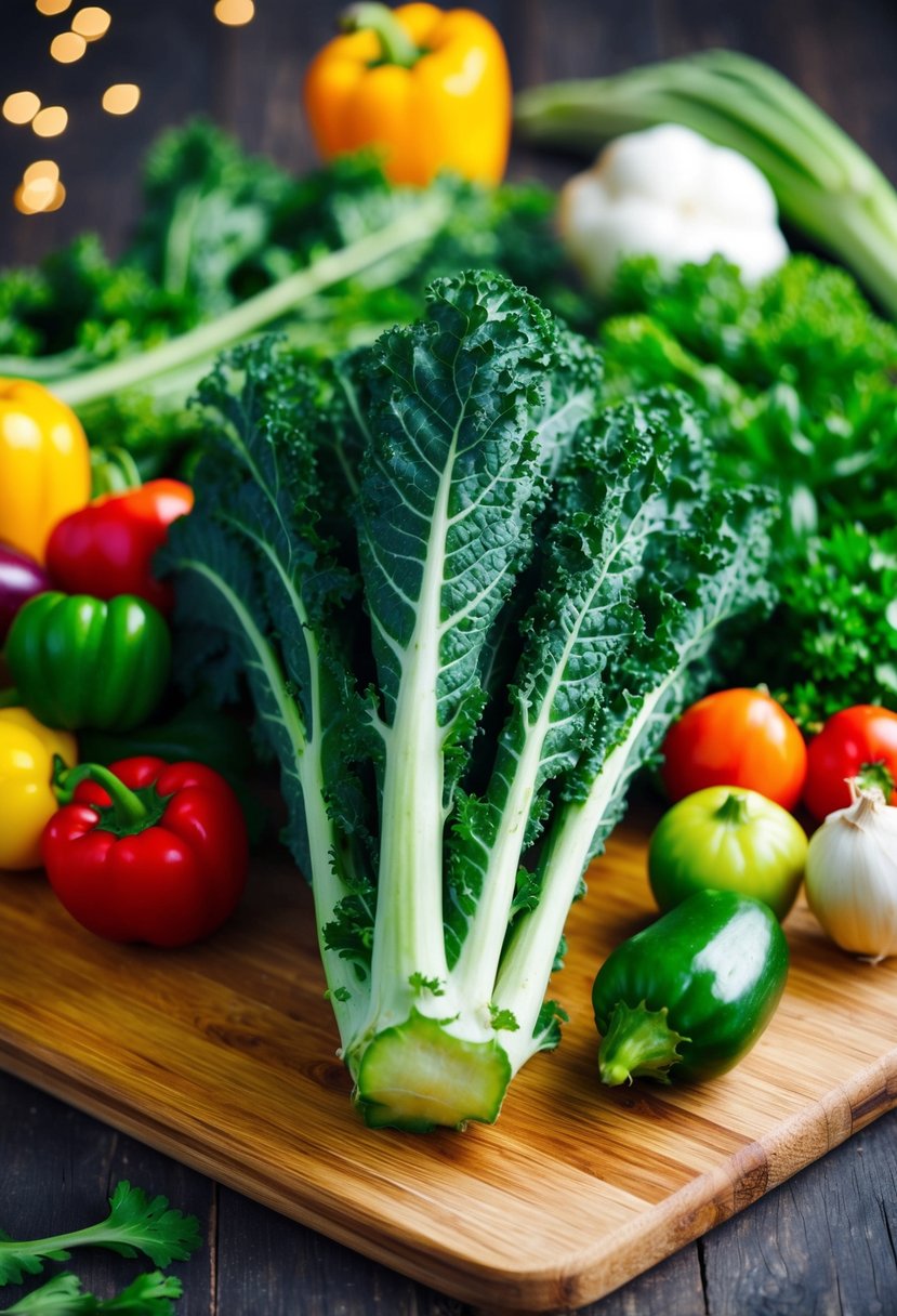 A vibrant bunch of kale surrounded by assorted fresh vegetables on a wooden cutting board