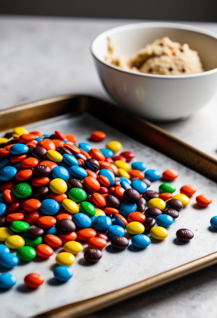 A colorful pile of M&M's scattered on a baking sheet next to a bowl of cookie dough