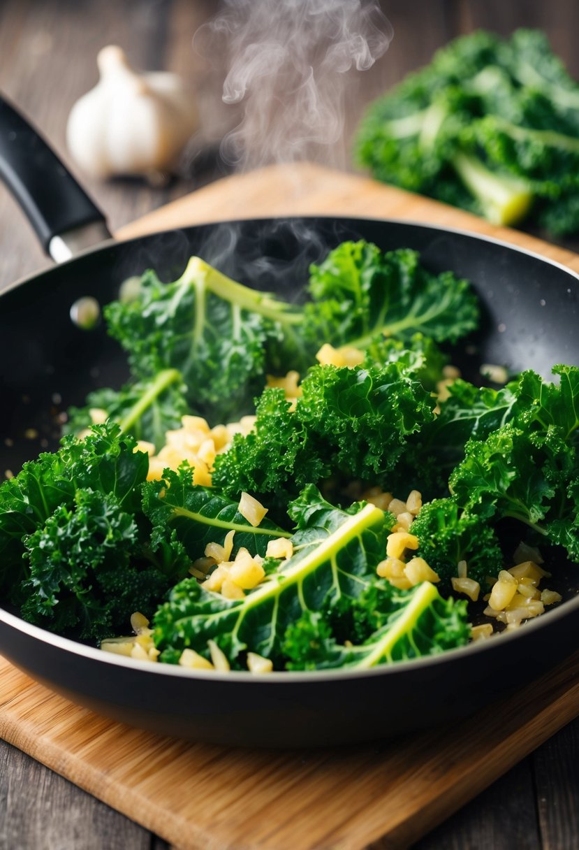 Fresh kale leaves sizzling in a pan with minced garlic, emitting a savory aroma