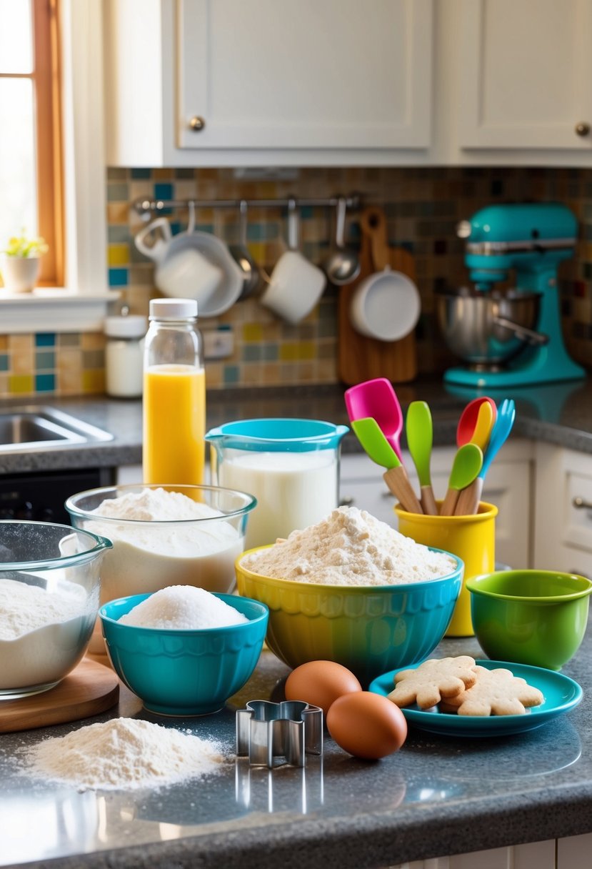 A colorful kitchen counter with ingredients and utensils for making sugar cookies, including flour, sugar, eggs, a mixing bowl, and cookie cutters