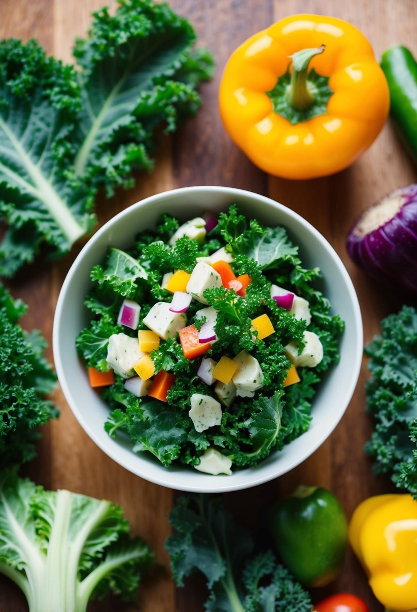 A bowl of creamy vegan kale salad surrounded by fresh kale leaves and other colorful vegetables on a wooden table