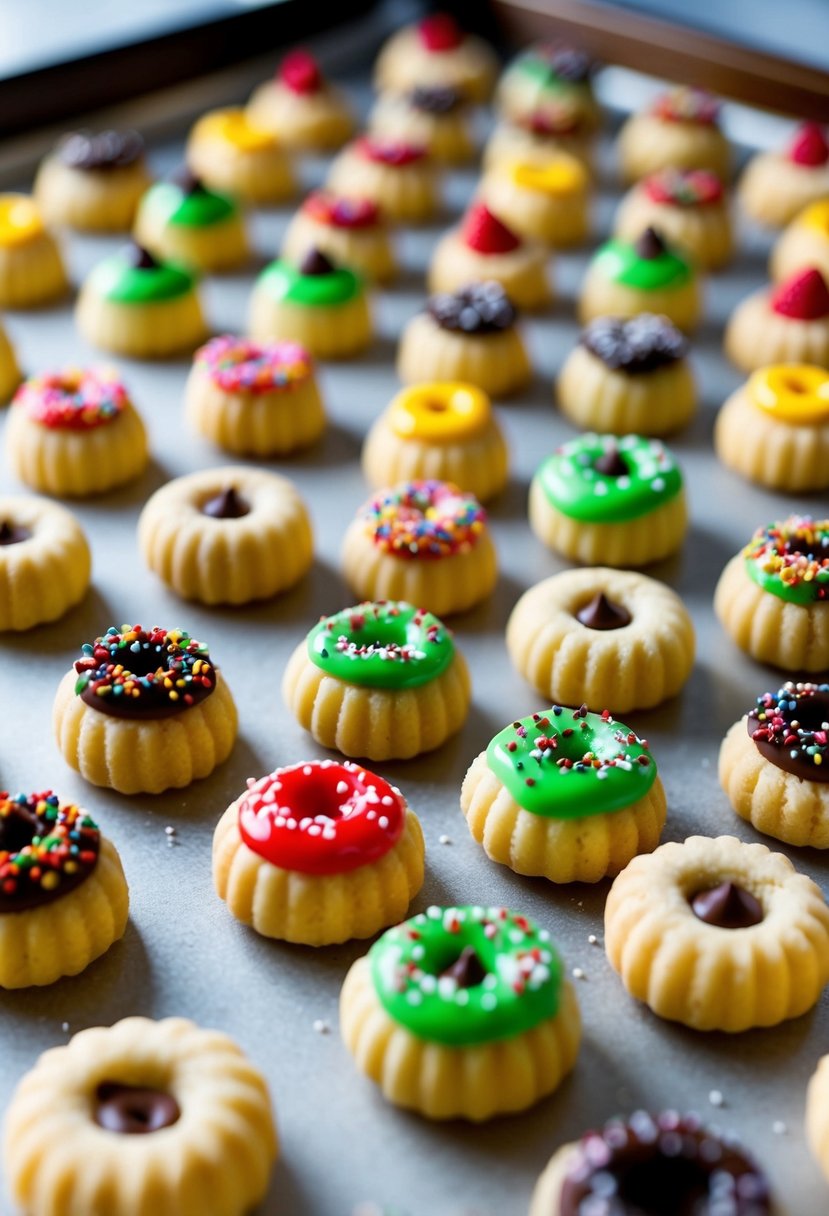 A colorful array of small thumbprint cookies arranged on a baking sheet, with various toppings and designs