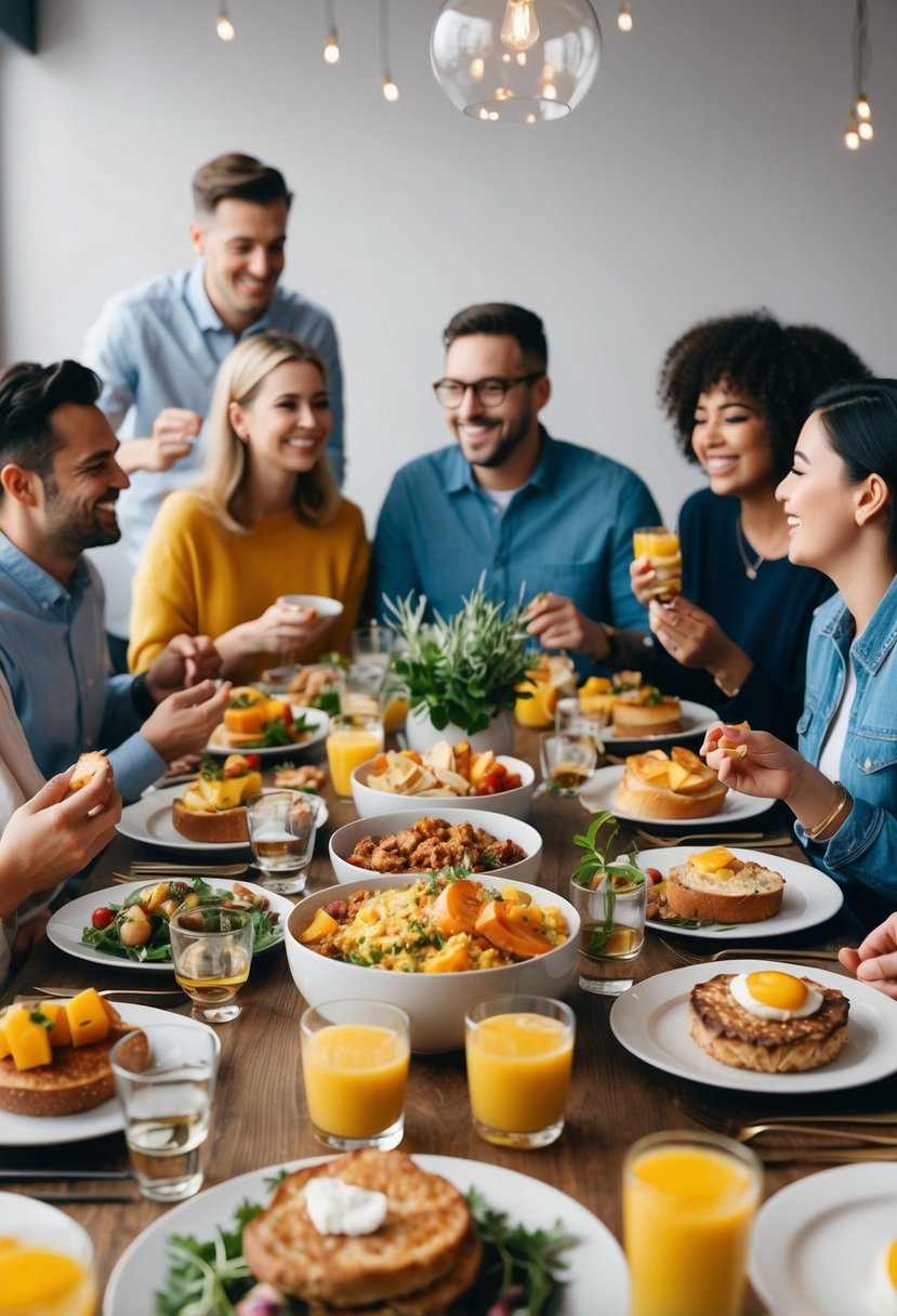 A table filled with assorted brunch dishes, surrounded by a group of people happily chatting and enjoying the food