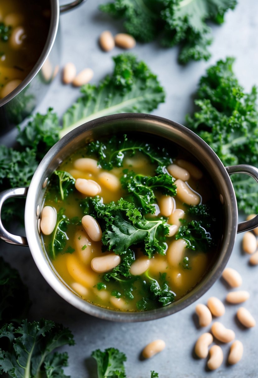 A steaming pot of kale and white bean soup surrounded by fresh kale leaves and white beans