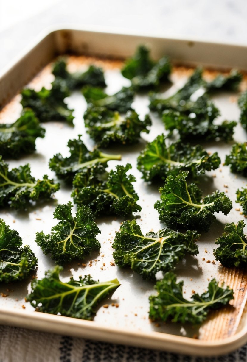 A baking sheet filled with crispy kale chips fresh out of the oven