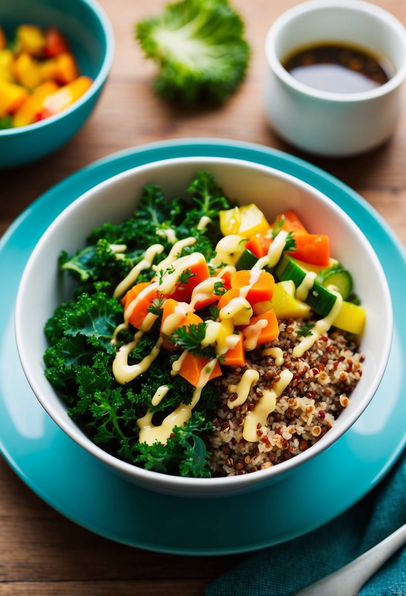 A bowl filled with vibrant kale and quinoa, topped with colorful vegetables and drizzled with a flavorful dressing