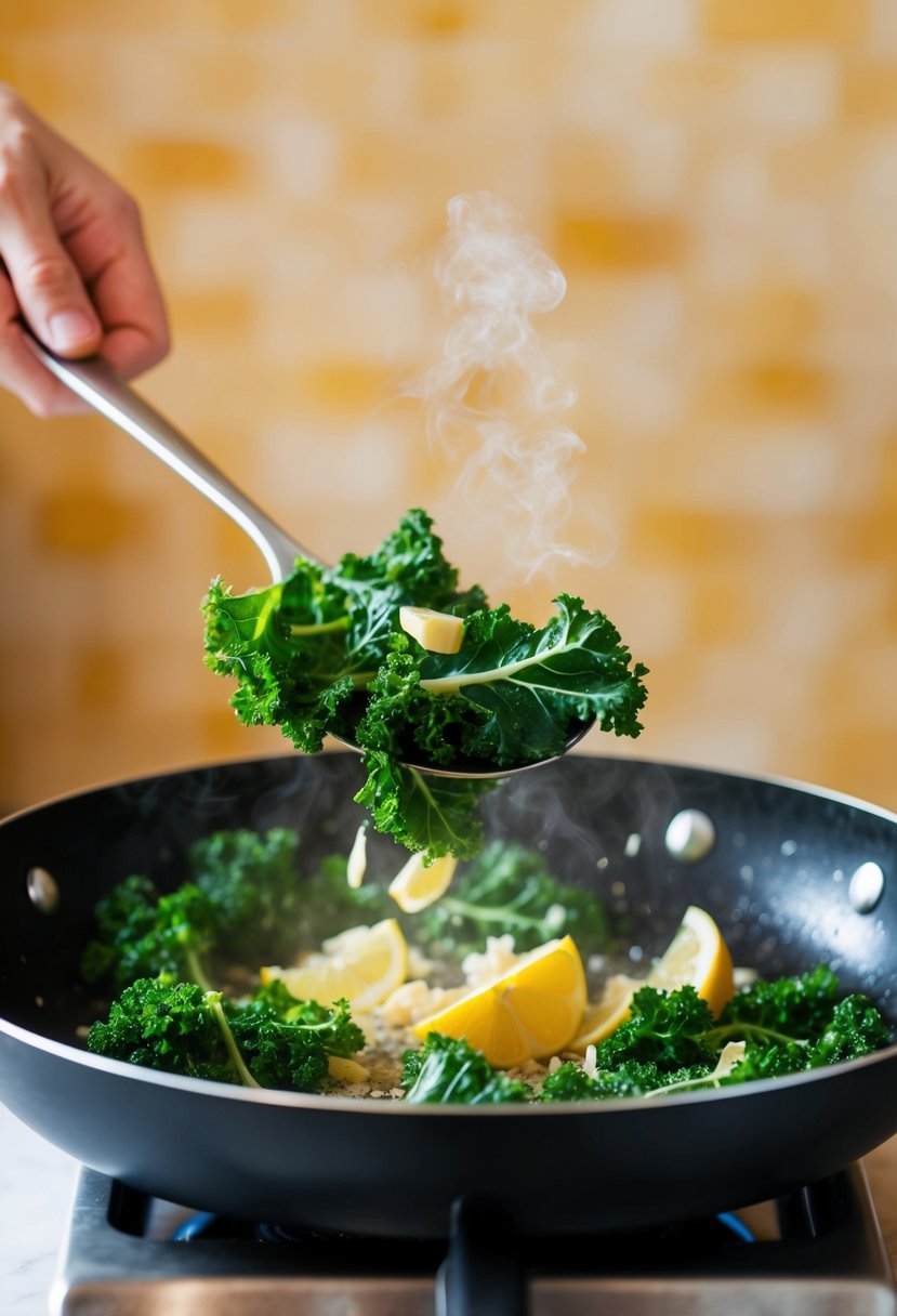 Fresh kale leaves being tossed in a sizzling pan with garlic and lemon, emitting a fragrant aroma