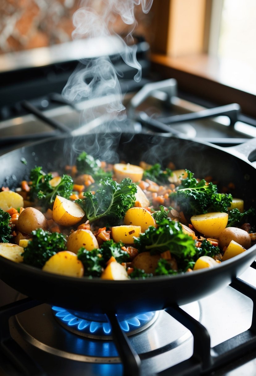 A sizzling skillet with spicy kale and potato hash cooking over a gas stove, emitting fragrant steam