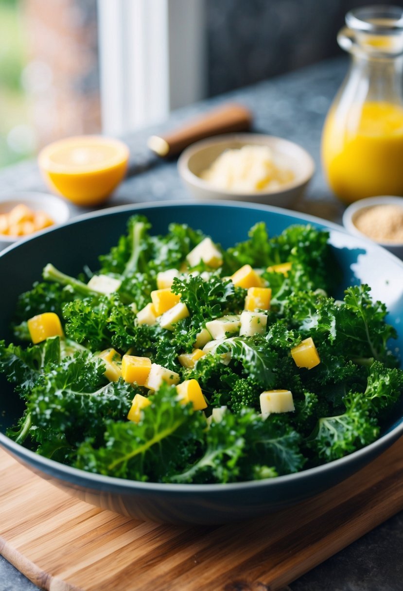 A vibrant kale caesar salad being prepared with fresh ingredients on a wooden cutting board