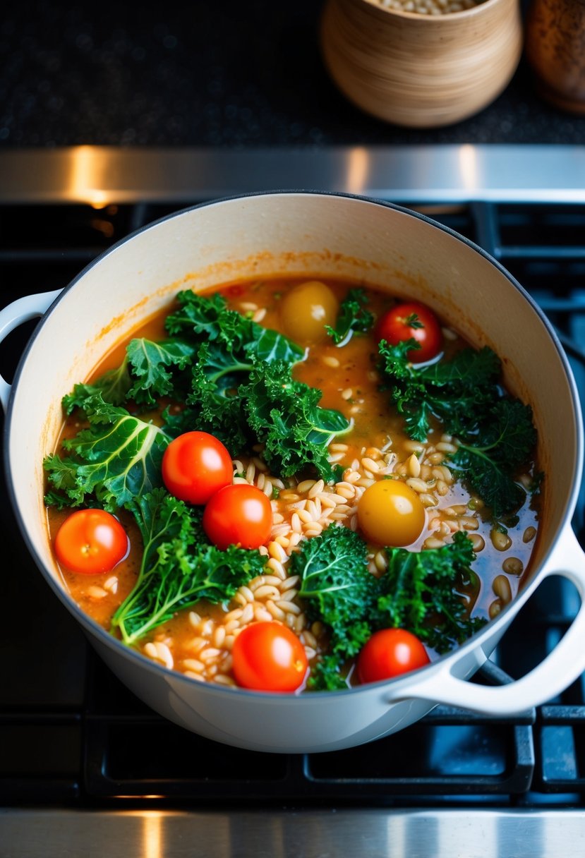 A pot of hearty stew simmering on the stove, filled with vibrant green kale, ripe red tomatoes, and plump grains of barley