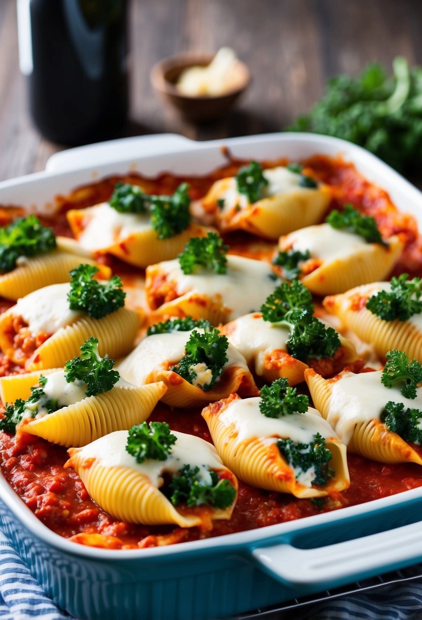 A baking dish filled with ricotta and kale stuffed pasta shells, topped with marinara sauce and melted cheese