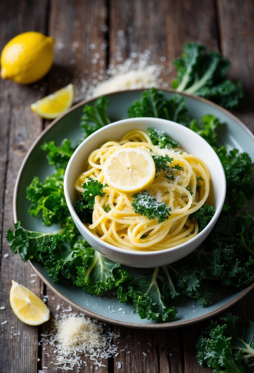 A steaming bowl of Lemon Parmesan Kale Pasta on a rustic wooden table, surrounded by fresh kale leaves and a scattering of grated parmesan cheese