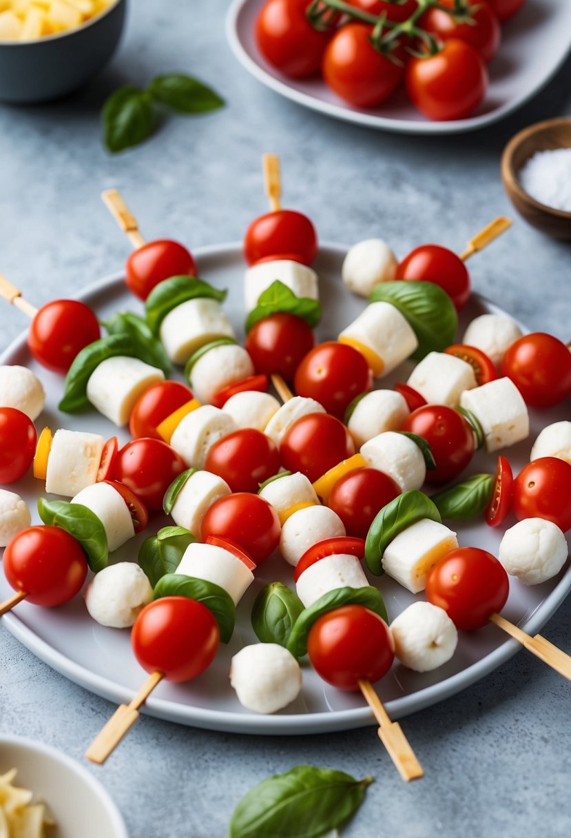 A platter of mini Caprese skewers arranged in a circular pattern, with cherry tomatoes, mozzarella balls, and fresh basil leaves