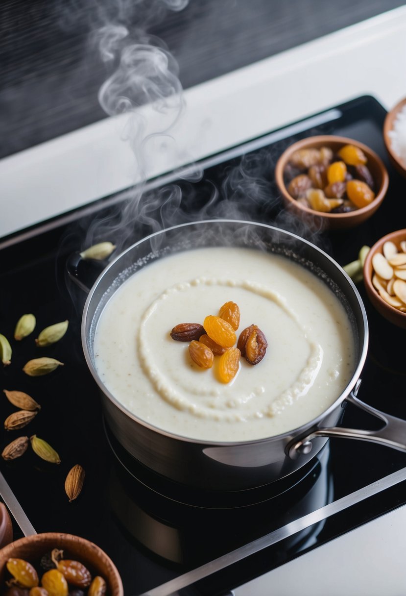 A steaming pot of creamy kheer simmering on a stove, surrounded by aromatic cardamom pods, golden raisins, and slivered almonds