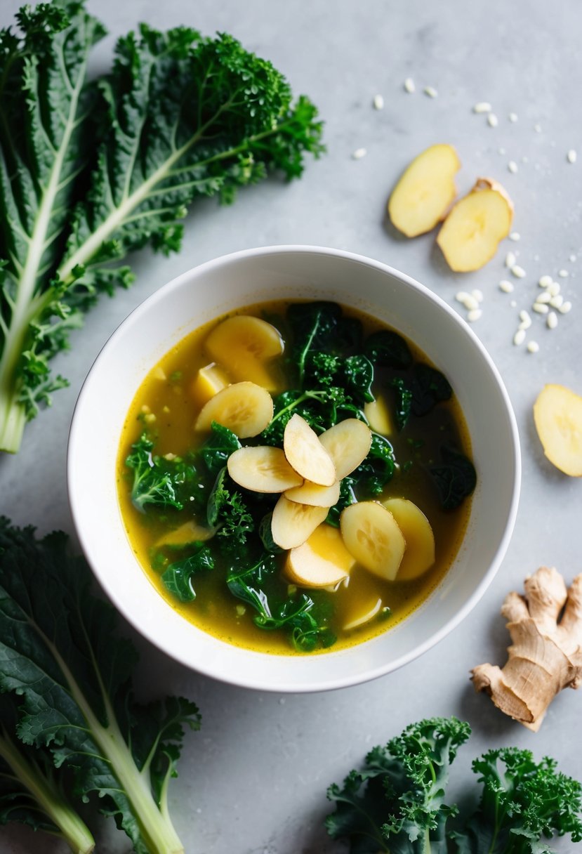 A steaming bowl of miso ginger kale soup surrounded by fresh kale leaves and a scattering of ginger slices