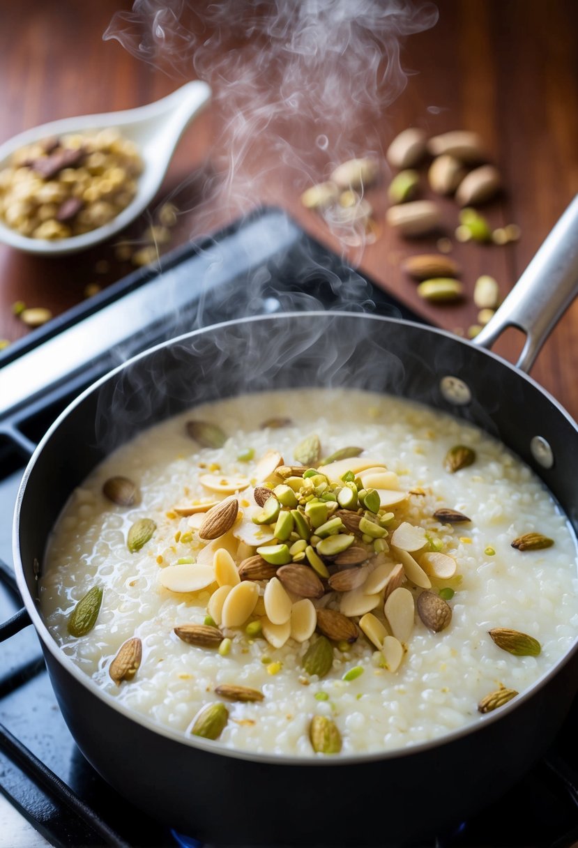 A steaming pot of rice kheer simmering on a stove, surrounded by fragrant cardamom pods and garnished with slivered almonds and pistachios