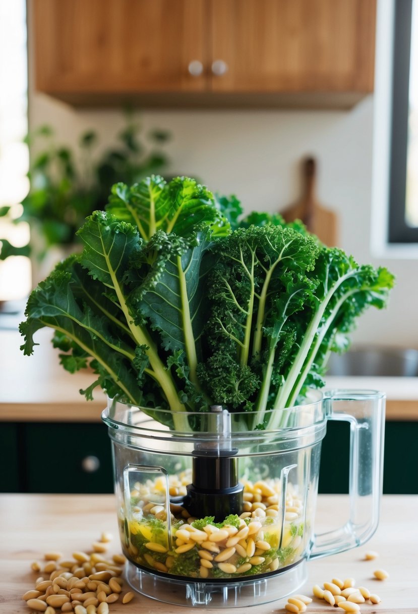 A vibrant bunch of kale leaves being blended with pine nuts and olive oil in a food processor