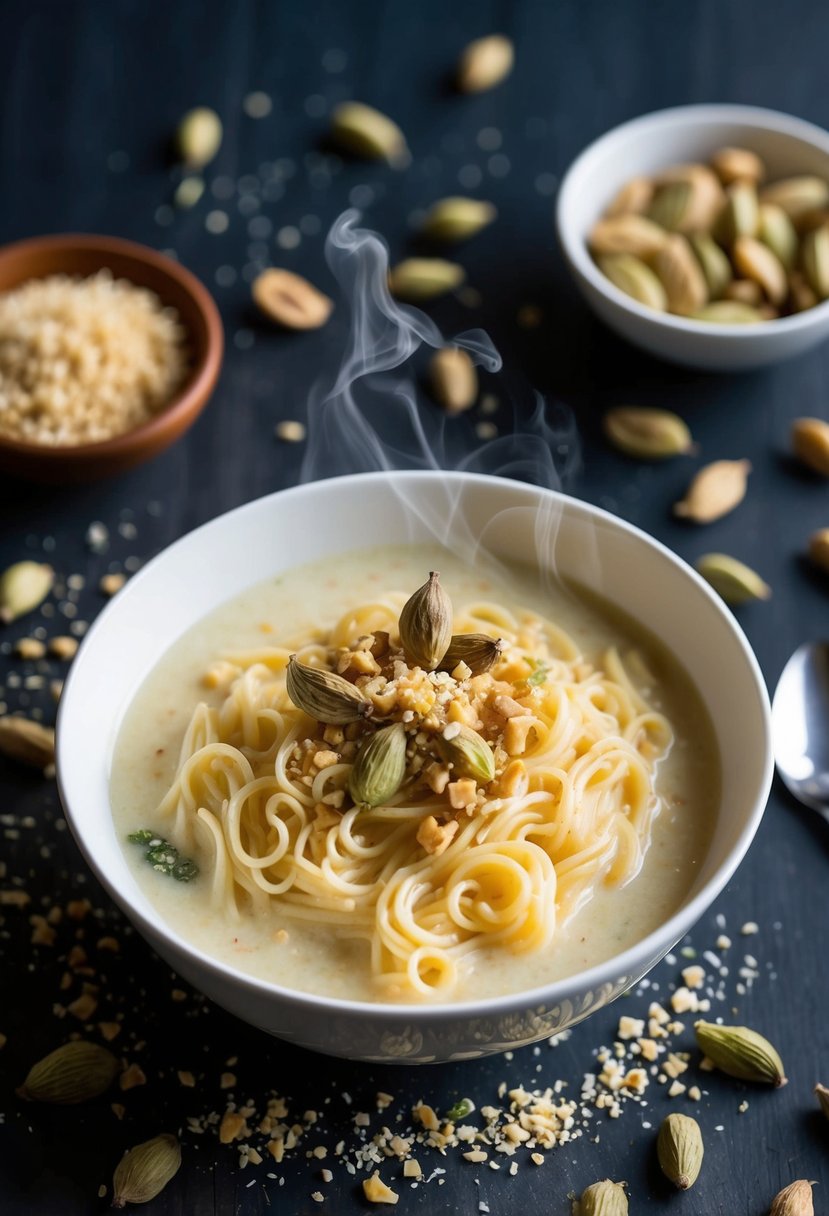 A steaming bowl of vermicelli kheer surrounded by scattered cardamom pods and a sprinkle of crushed nuts