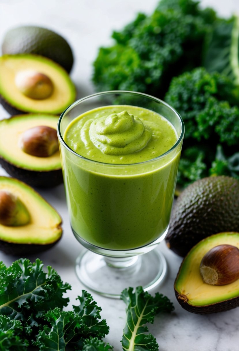 A glass filled with a vibrant green kale and avocado smoothie, surrounded by fresh kale leaves and ripe avocados