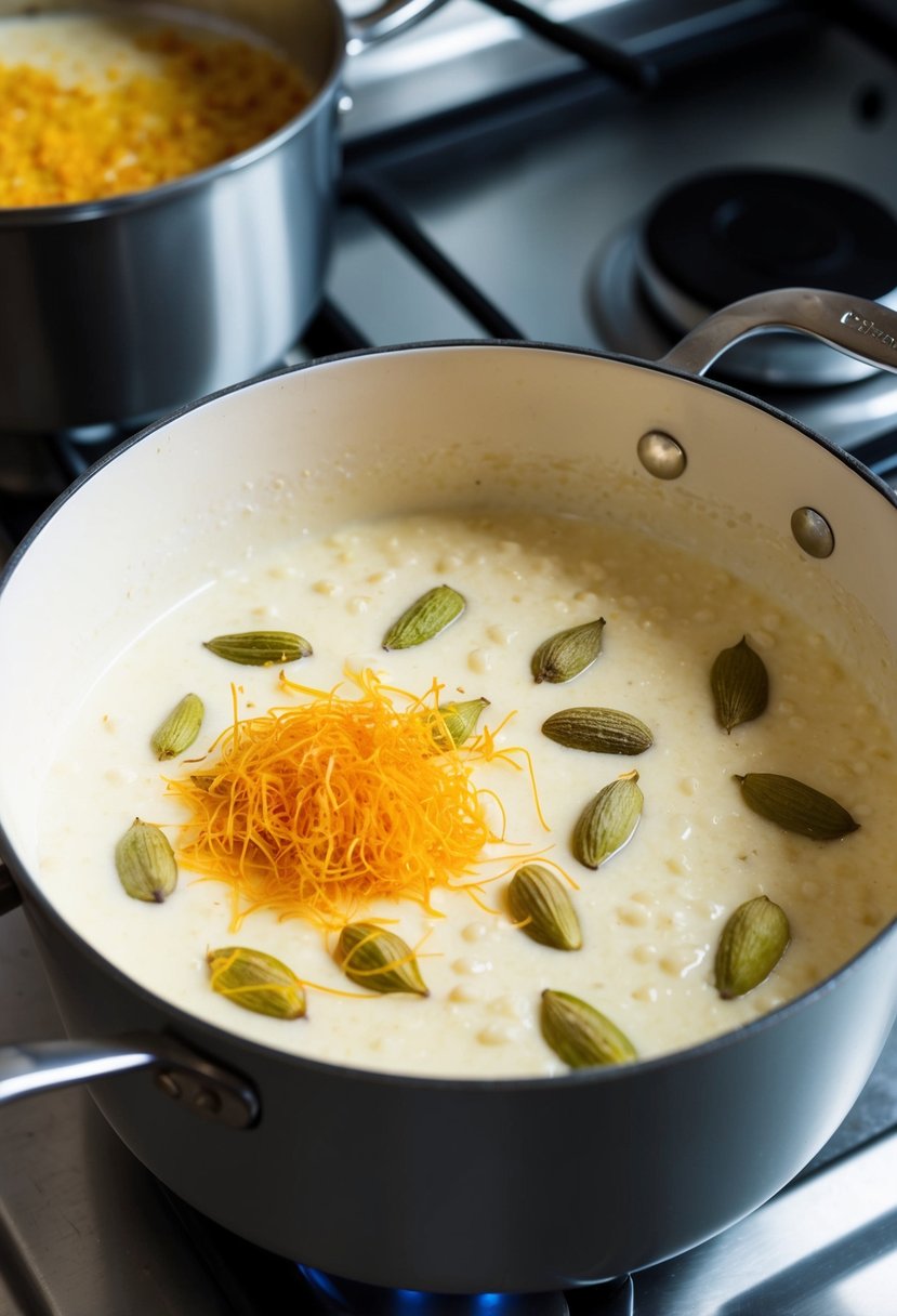 A pot of creamy sabudana kheer simmering on a stovetop, with whole cardamom pods and saffron strands floating on the surface