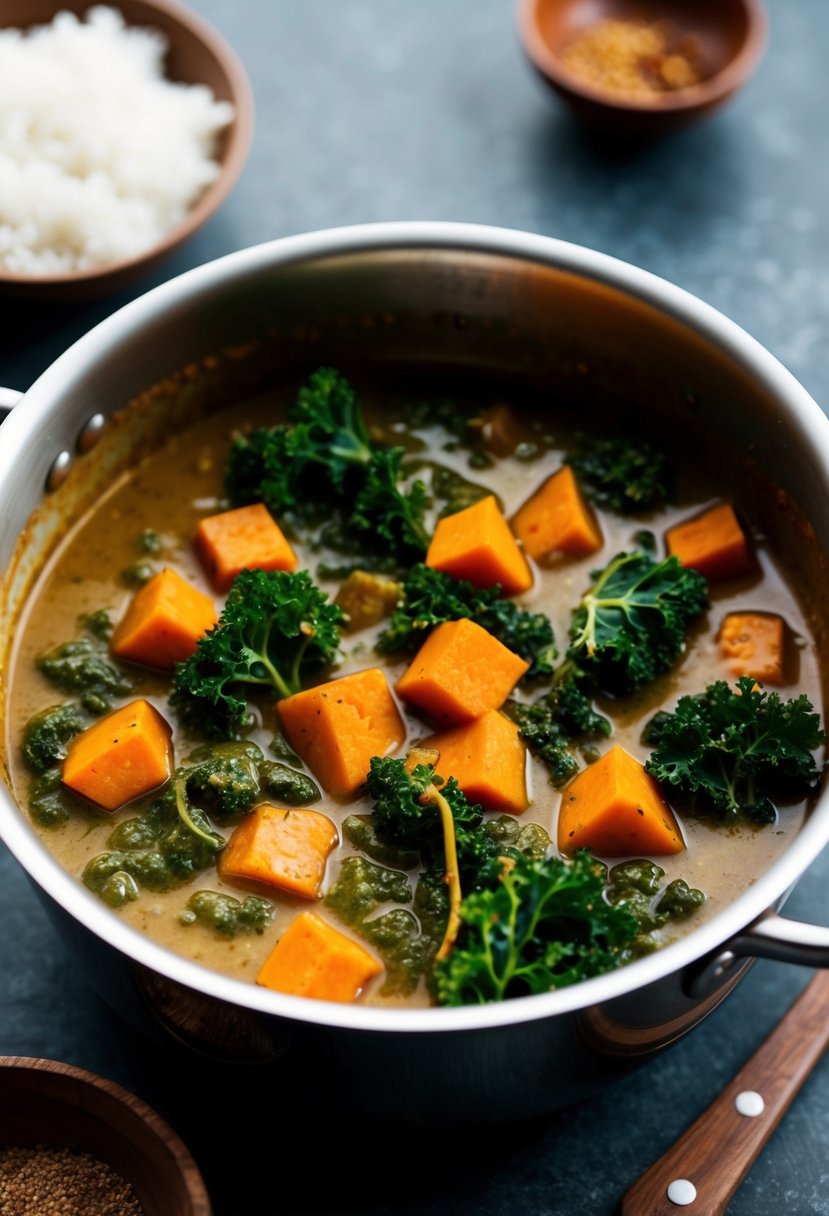 A simmering pot of kale and sweet potato curry with aromatic spices