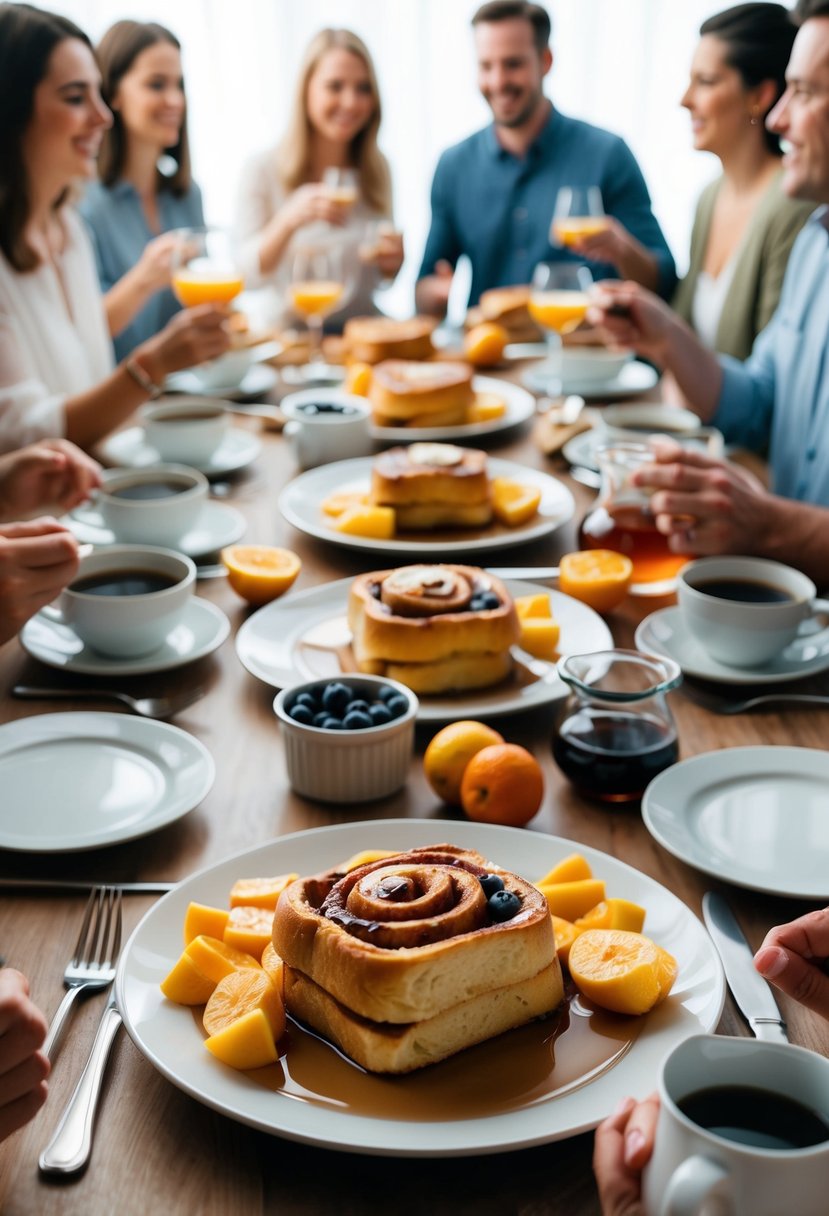 A table set with a spread of cinnamon roll French toast, fresh fruit, and syrup, surrounded by a group of people enjoying a brunch gathering