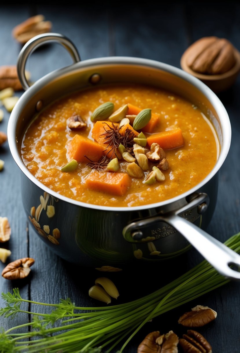 A pot of simmering carrot kheer with cardamom, saffron, and chopped nuts