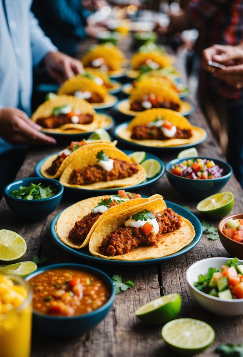 A colorful spread of chorizo breakfast tacos, salsa, and toppings on a rustic table for a crowd