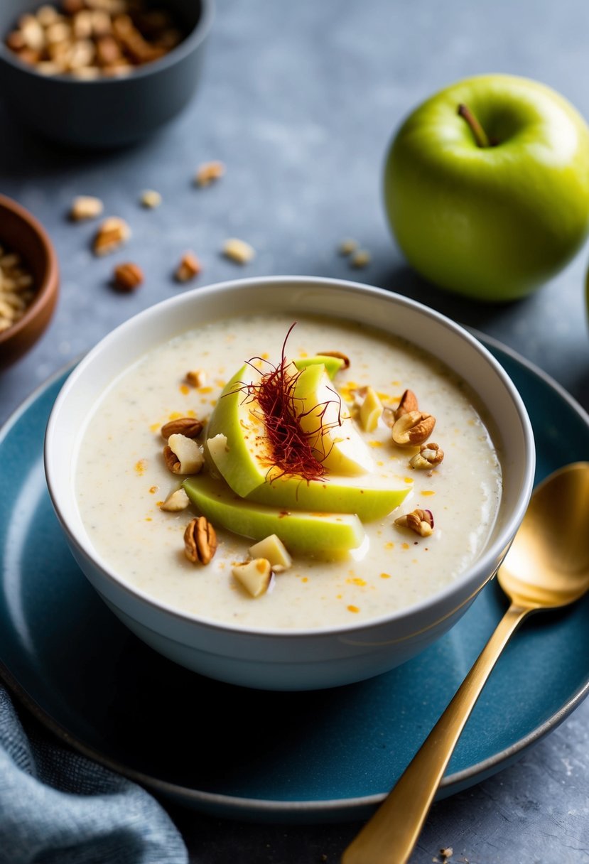 A bowl of creamy apple kheer garnished with saffron and chopped nuts