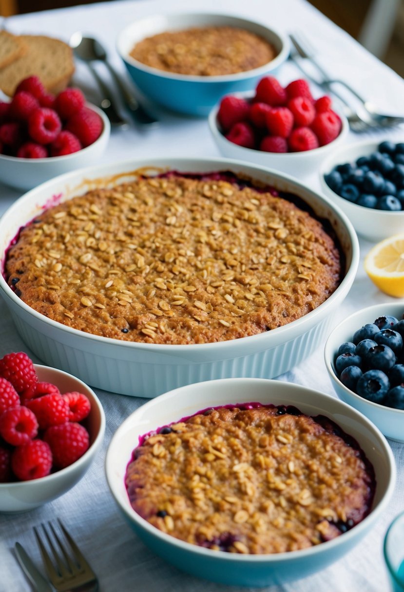 A table set with a large baked oatmeal dish surrounded by bowls of fresh berries, ready for a crowd to enjoy at a brunch gathering