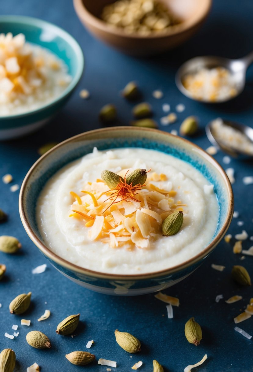 A bowl of creamy Coconut Kheer surrounded by scattered cardamom pods and shredded coconut flakes, with a hint of saffron garnish