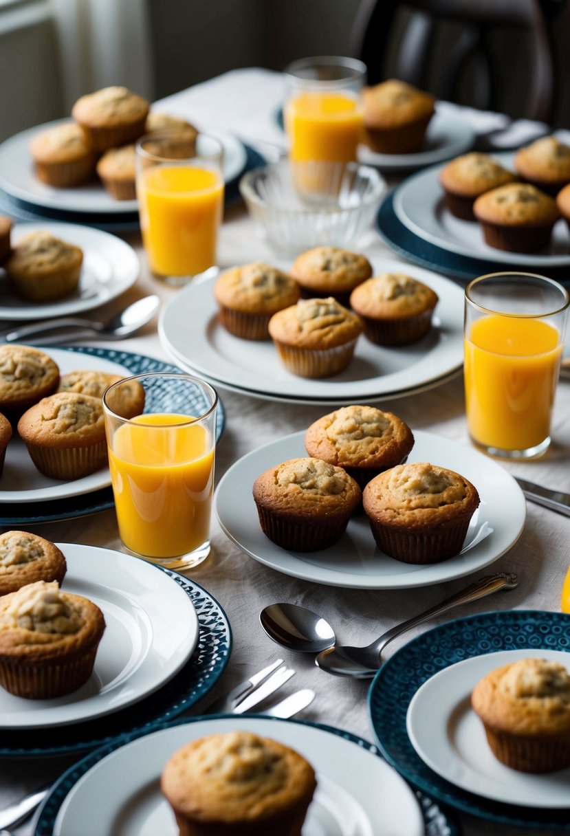 A table set with a variety of banana bread muffins, surrounded by plates, utensils, and glasses of orange juice