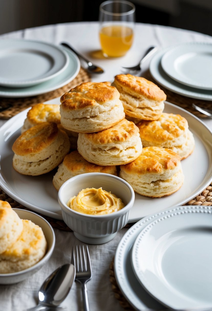 A table set with a platter of golden-brown buttermilk biscuits and a bowl of creamy honey butter, surrounded by plates and utensils