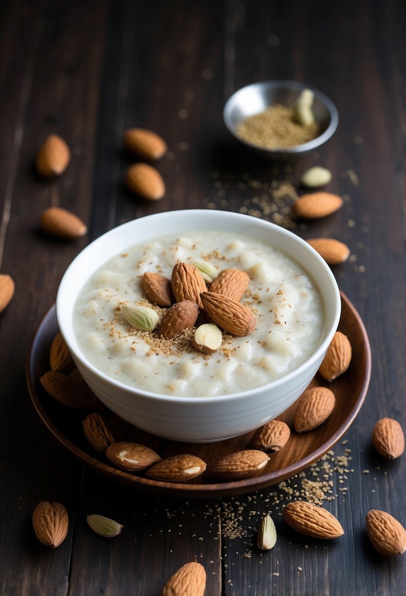 A bowl of almond kheer surrounded by whole almonds and a sprinkle of cardamom on a wooden table